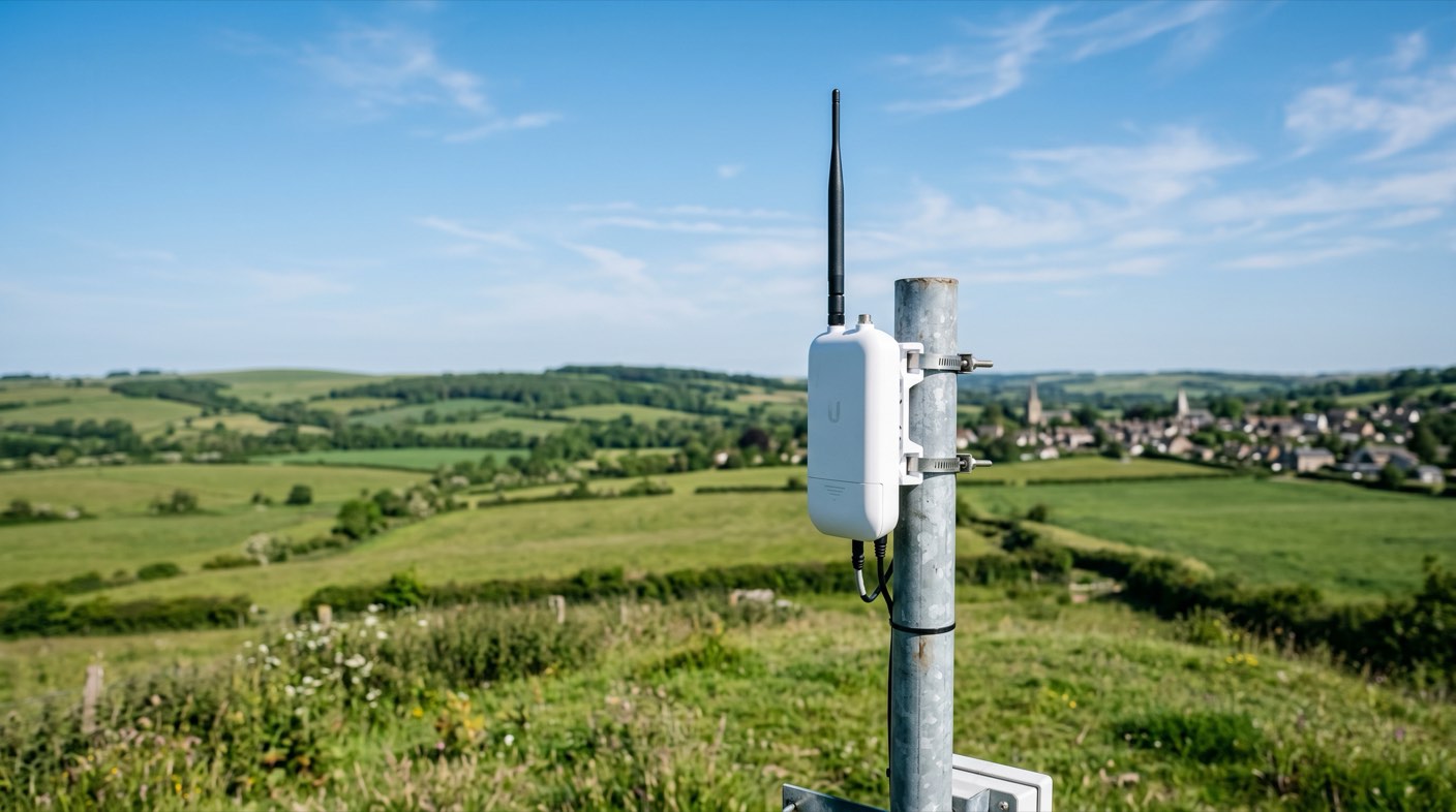A Hop Bridge mounted on a pole over open countryside, a distant town on the horizon