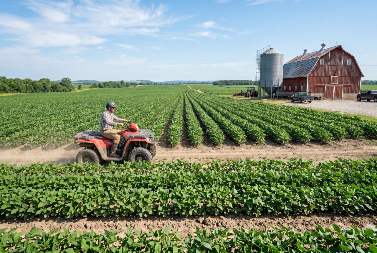 A vast farm, crop rows to the horizon, a worker far across the field