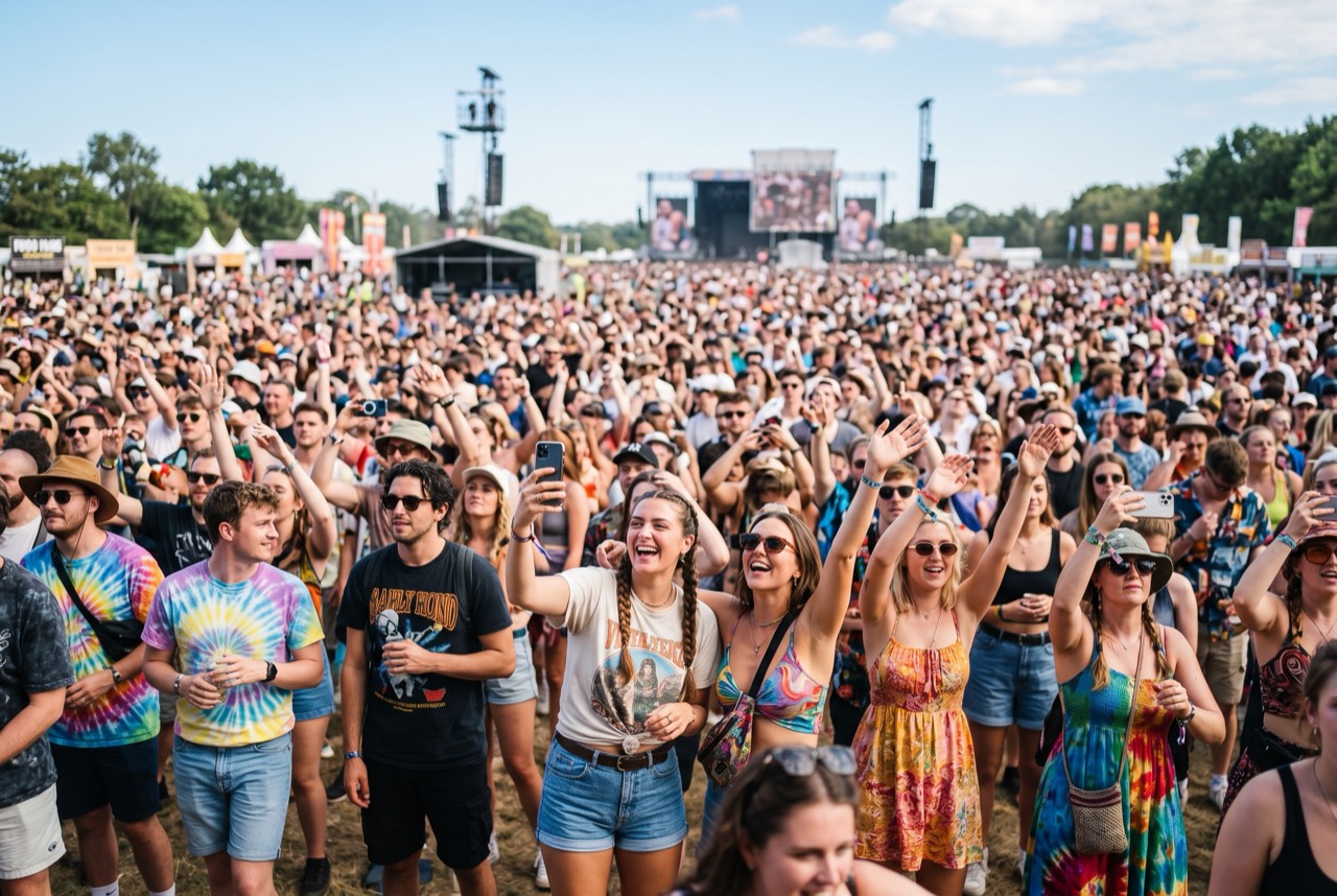 A dense night crowd lit by a sea of phone screens