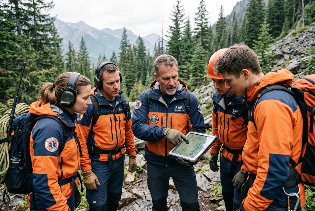 Responders coordinating on a tablet against a dark, powerless skyline